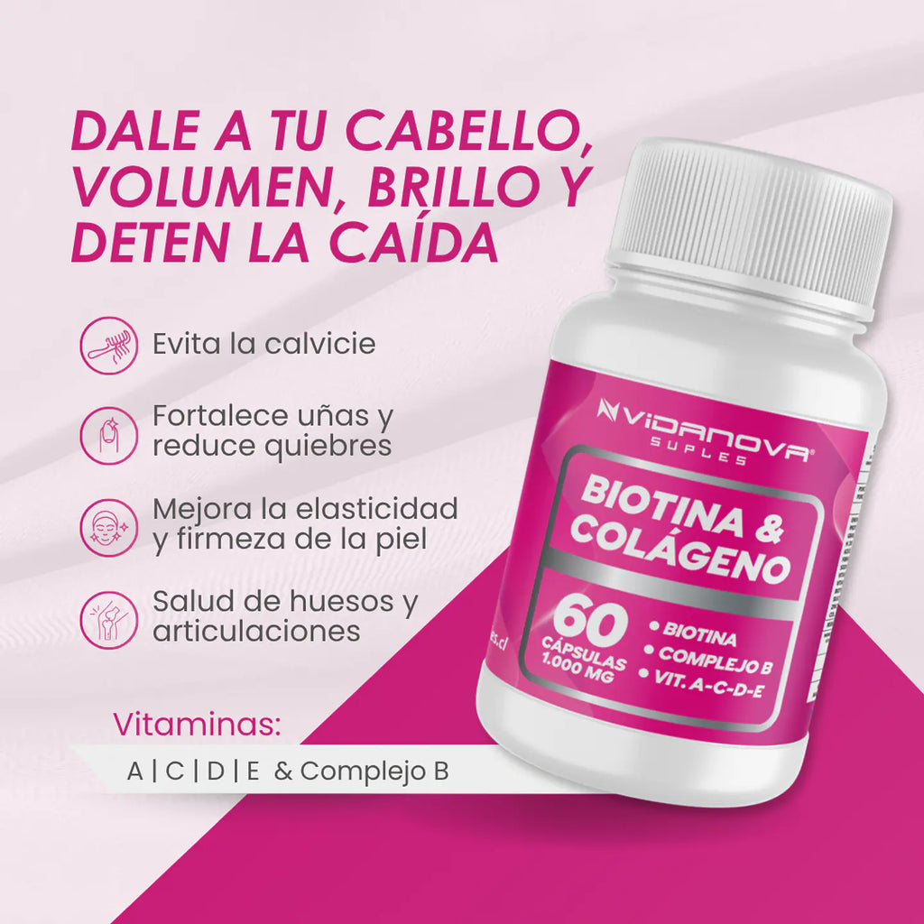 Biotina + Colágeno 1000 mg | Belleza y Bienestar Diario - 60 cápsulas Vidanova