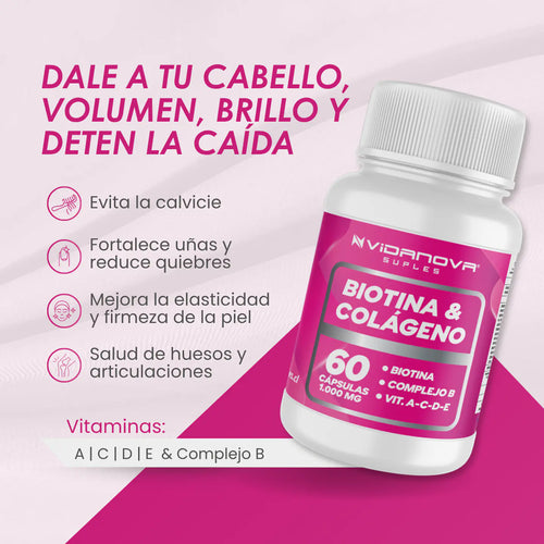 Biotina + Colágeno 1000 mg | Belleza y Bienestar Diario - 60 cápsulas Vidanova