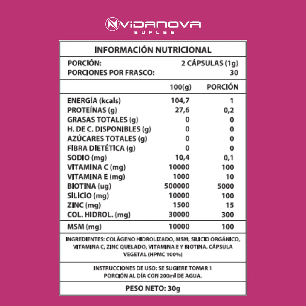 Biotina + Colágeno 1000 mg | Belleza y Bienestar Diario - 60 cápsulas Vidanova