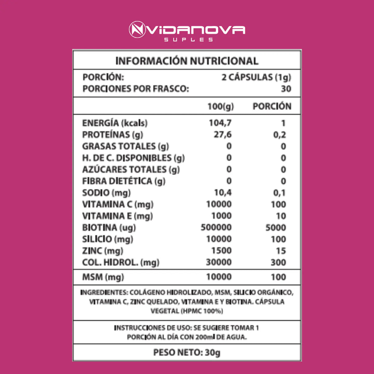 Biotina + Colágeno 1000 mg | Belleza y Bienestar Diario - 60 cápsulas Vidanova